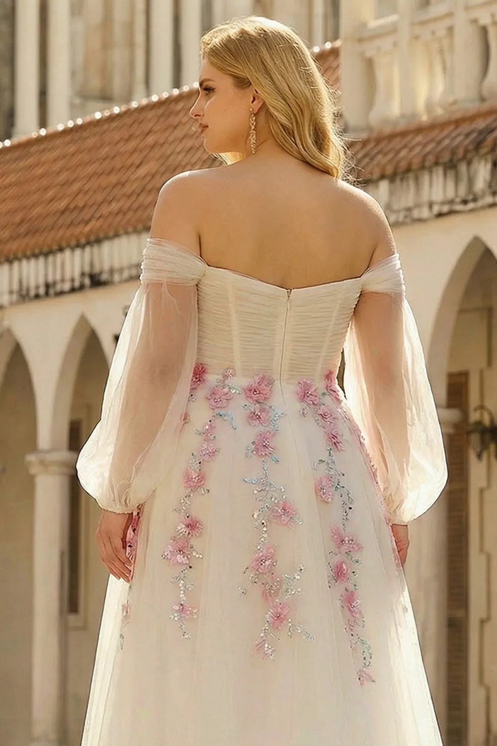 Off the Shoulder Plus Size A Line White Embroidered Tulle Long Prom Dress with Sequins sold by Wedtrend product image thumbnail 4