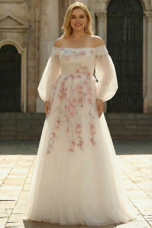 Off the Shoulder Plus Size A Line White Embroidered Tulle Long Prom Dress with Sequins made by Wedtrend