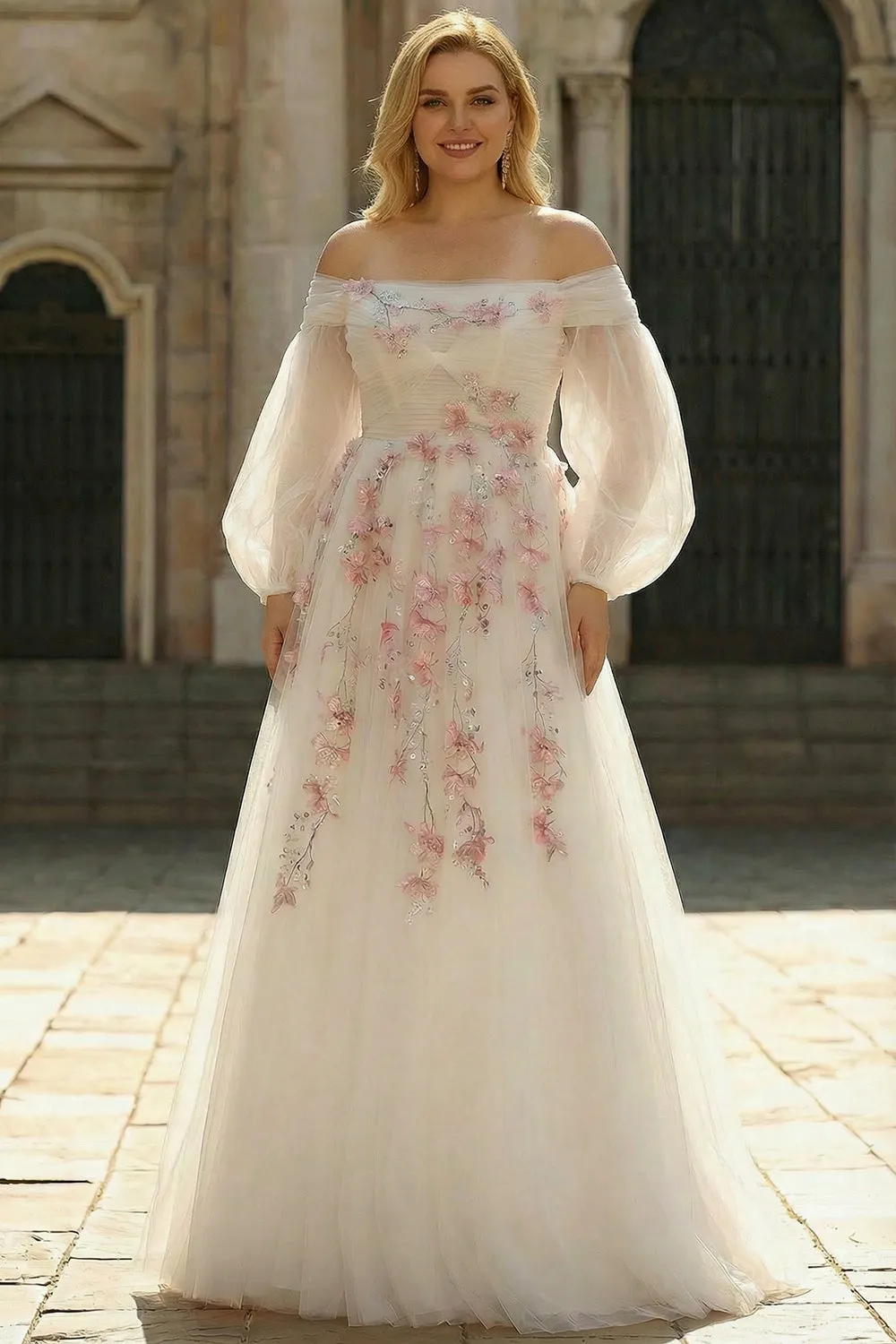 Off the Shoulder Plus Size A Line White Embroidered Tulle Long Prom Dress with Sequins sold by Wedtrend