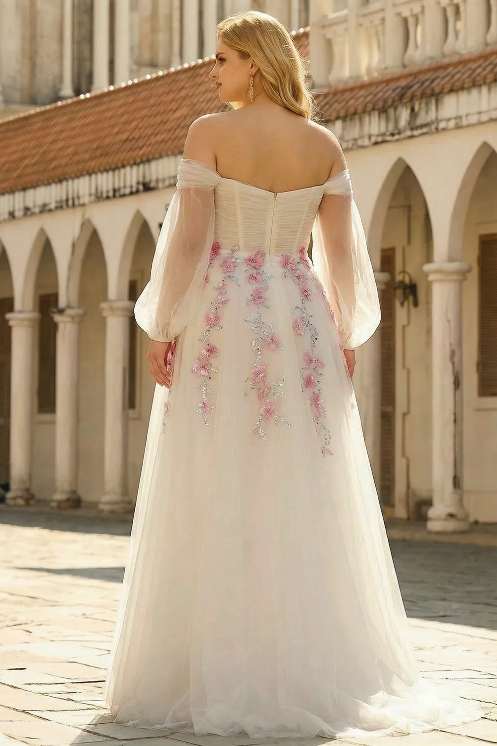 Off the Shoulder Plus Size A Line White Embroidered Tulle Long Prom Dress with Sequins sold by Wedtrend product image thumbnail 2