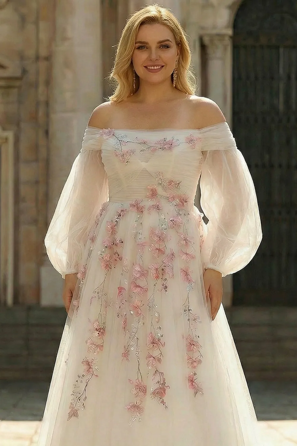 Off the Shoulder Plus Size A Line White Embroidered Tulle Long Prom Dress with Sequins sold by Wedtrend product image thumbnail 3