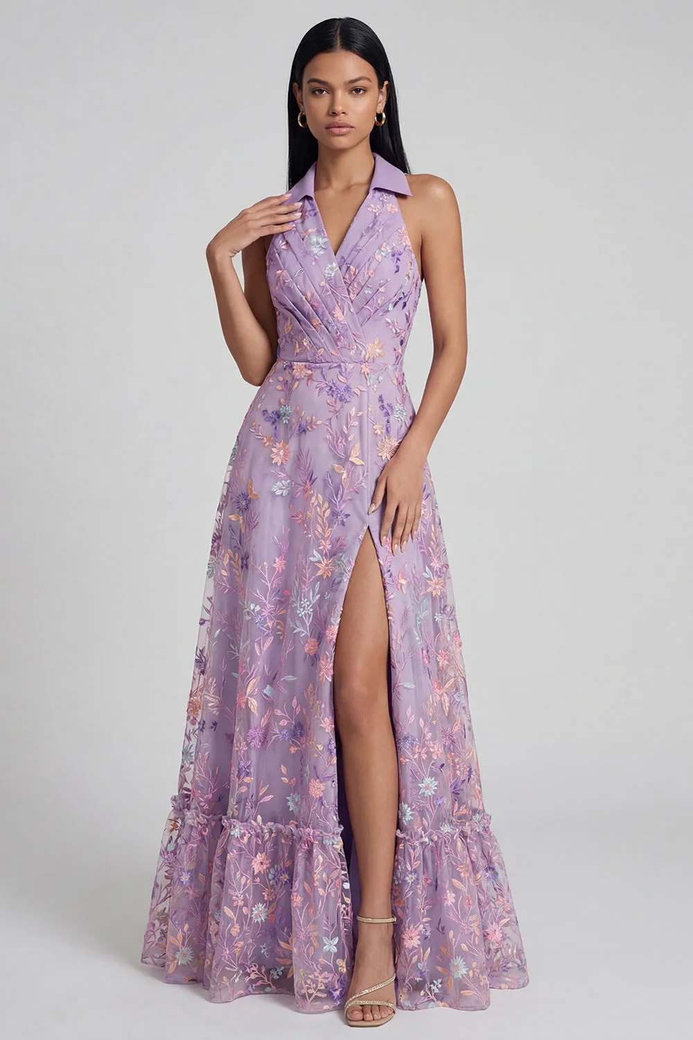 Lilac Floral Embroidered A Line Maxi Wedding Guest Dress with Slit sold by Wedtrend