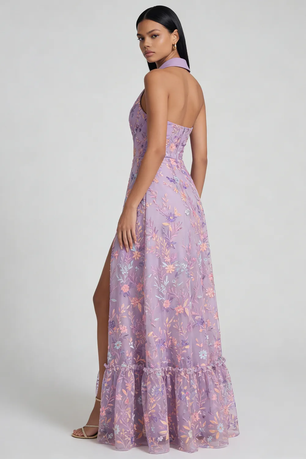 Lilac Floral Embroidered A Line Maxi Wedding Guest Dress with Slit sold by Wedtrend product image thumbnail 2