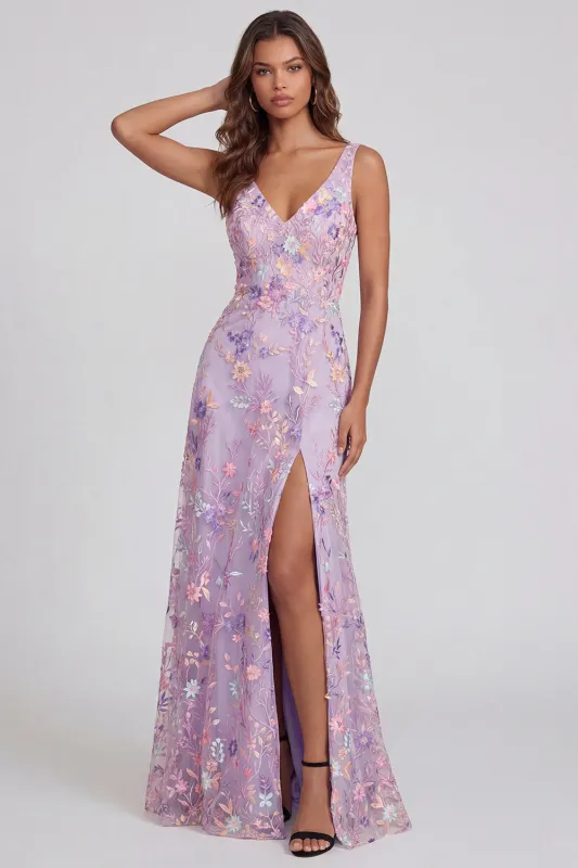 Floral Lilac Applique A Line V Neck Maxi Wedding Guest Dress with Slit made by Wedtrend