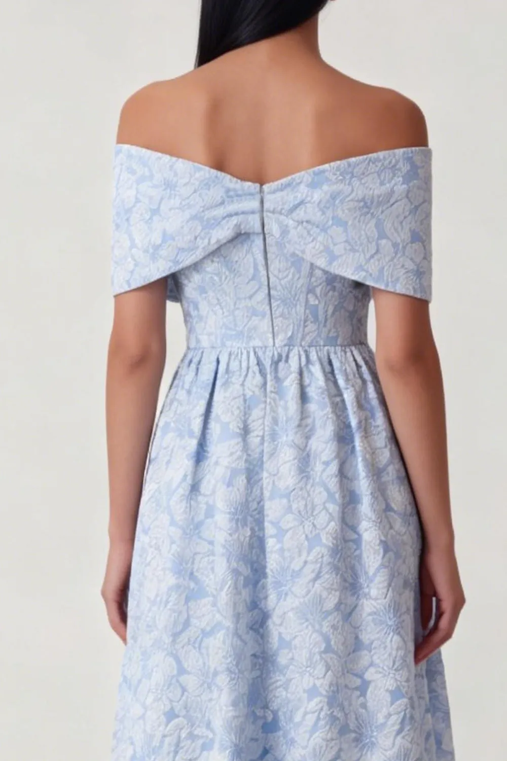 Off the Shoulder Blue Jacquard A Line Midi Wedding Guest Dress sold by Wedtrend product image thumbnail 4