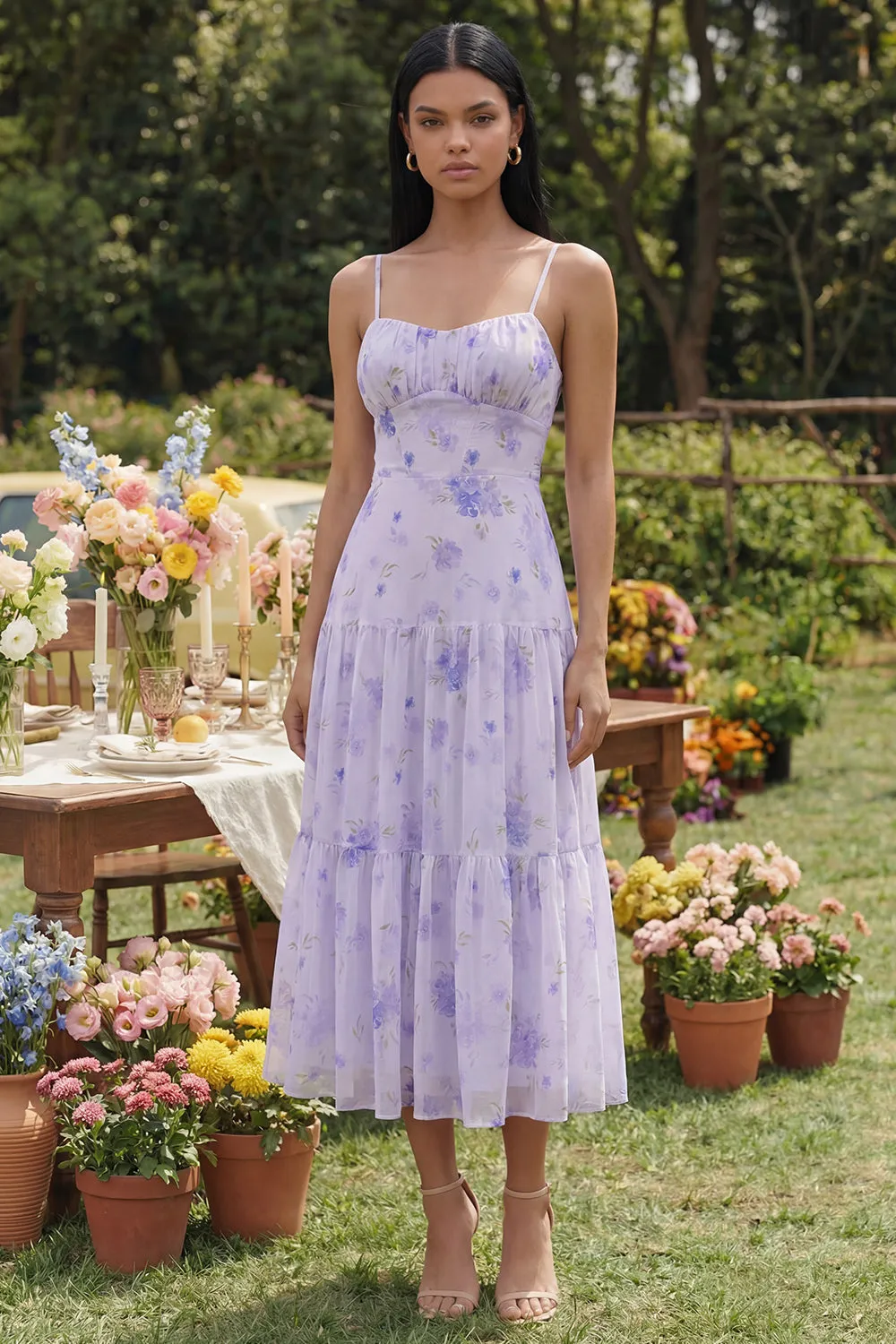 Lilac Floral A Line Midi Wedding Guest Dress sold by Wedtrend