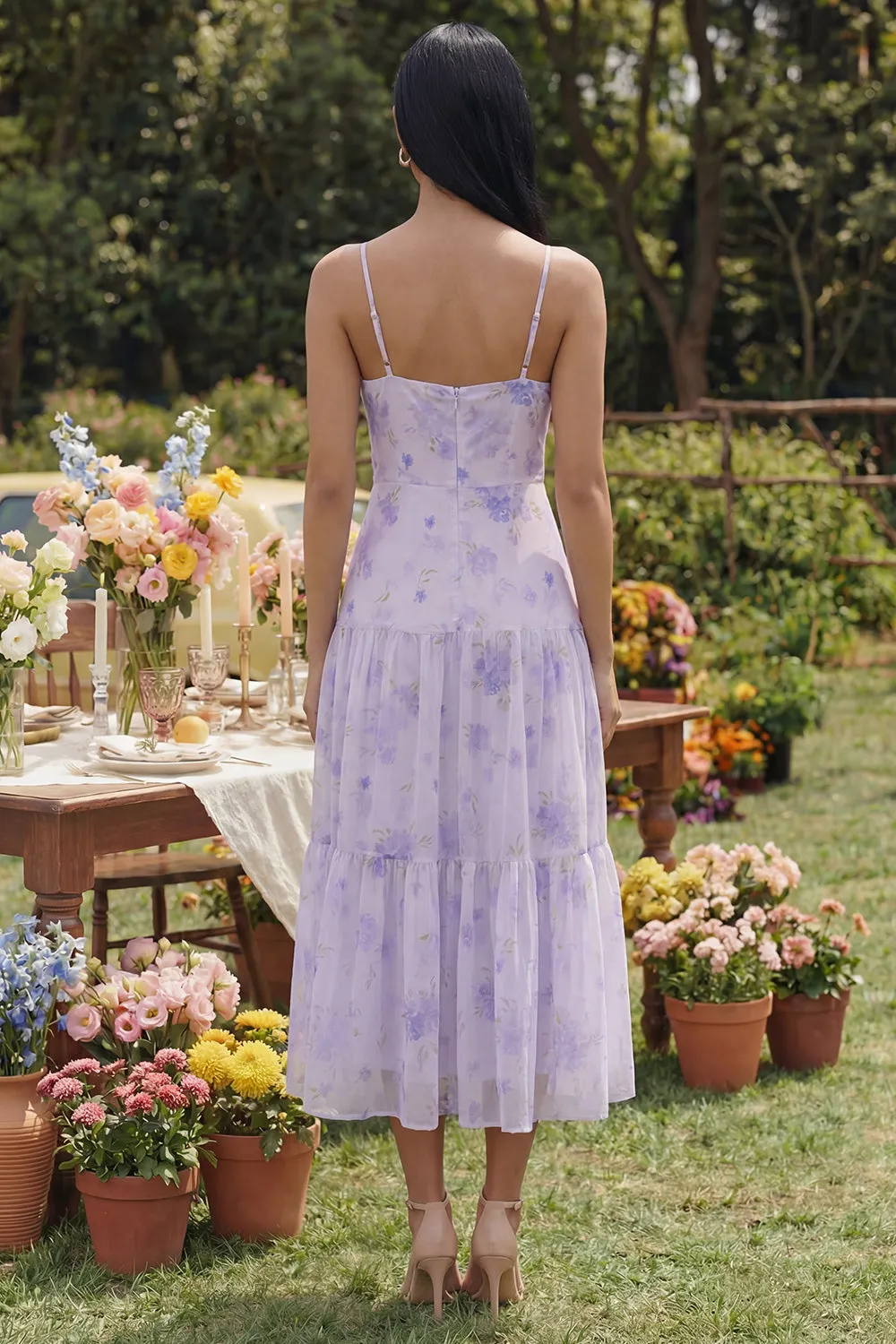 Lilac Floral A Line Midi Wedding Guest Dress sold by Wedtrend product image thumbnail 2