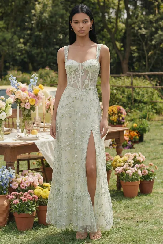 Floral Light Green Corset A Line Wedding Guest Dress with Slit made by Wedtrend
