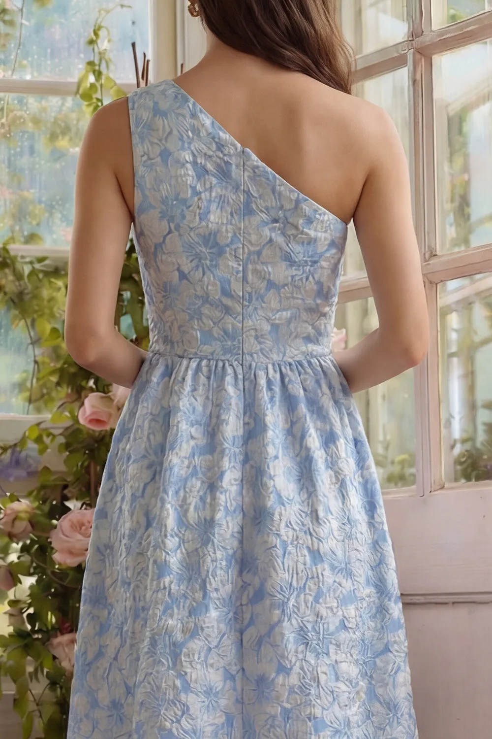 Blue One Shoulder Jacquard A Line Floral Wedding Guest Dress sold by Wedtrend product image thumbnail 4