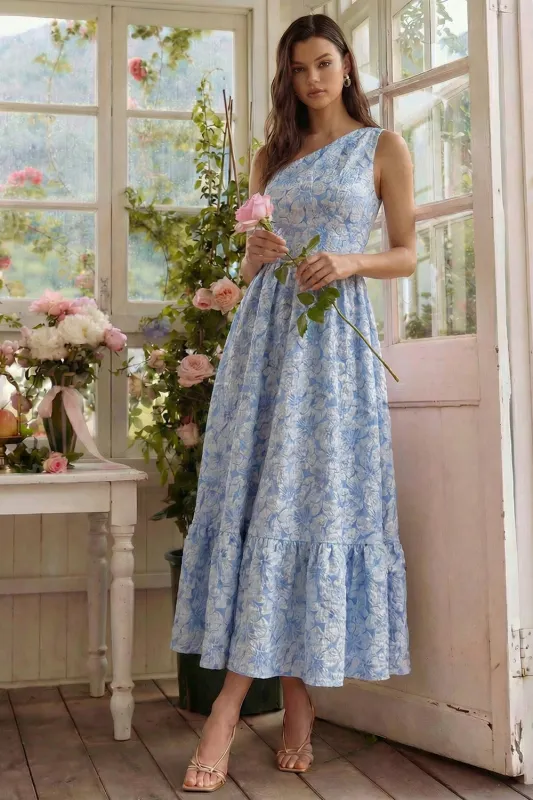 Blue One Shoulder Jacquard A Line Floral Wedding Guest Dress made by Wedtrend