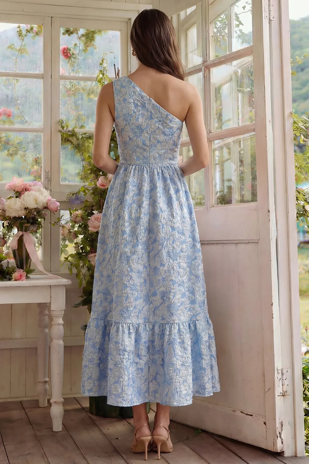 Blue One Shoulder Jacquard A Line Floral Wedding Guest Dress sold by Wedtrend product image thumbnail 2