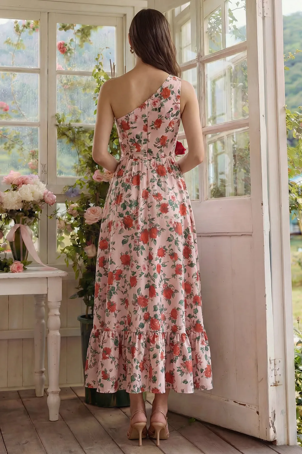 One Shoulder Pink A Line Floral Midi Wedding Guest Dress sold by Wedtrend product image thumbnail 2