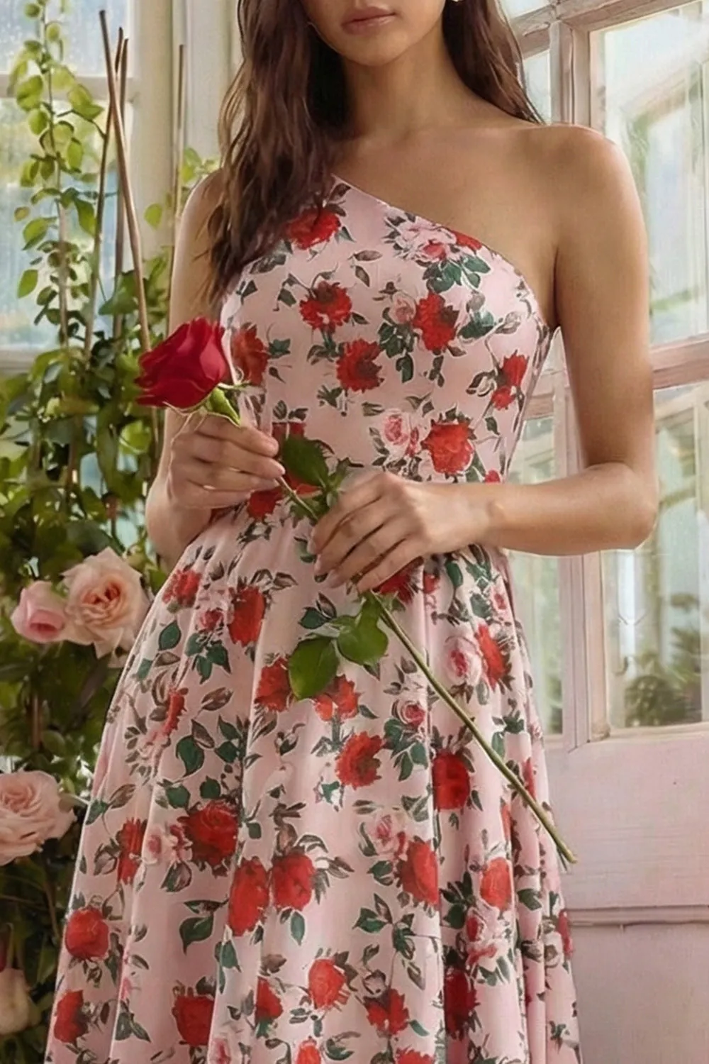 One Shoulder Pink A Line Floral Midi Wedding Guest Dress sold by Wedtrend product image thumbnail 3