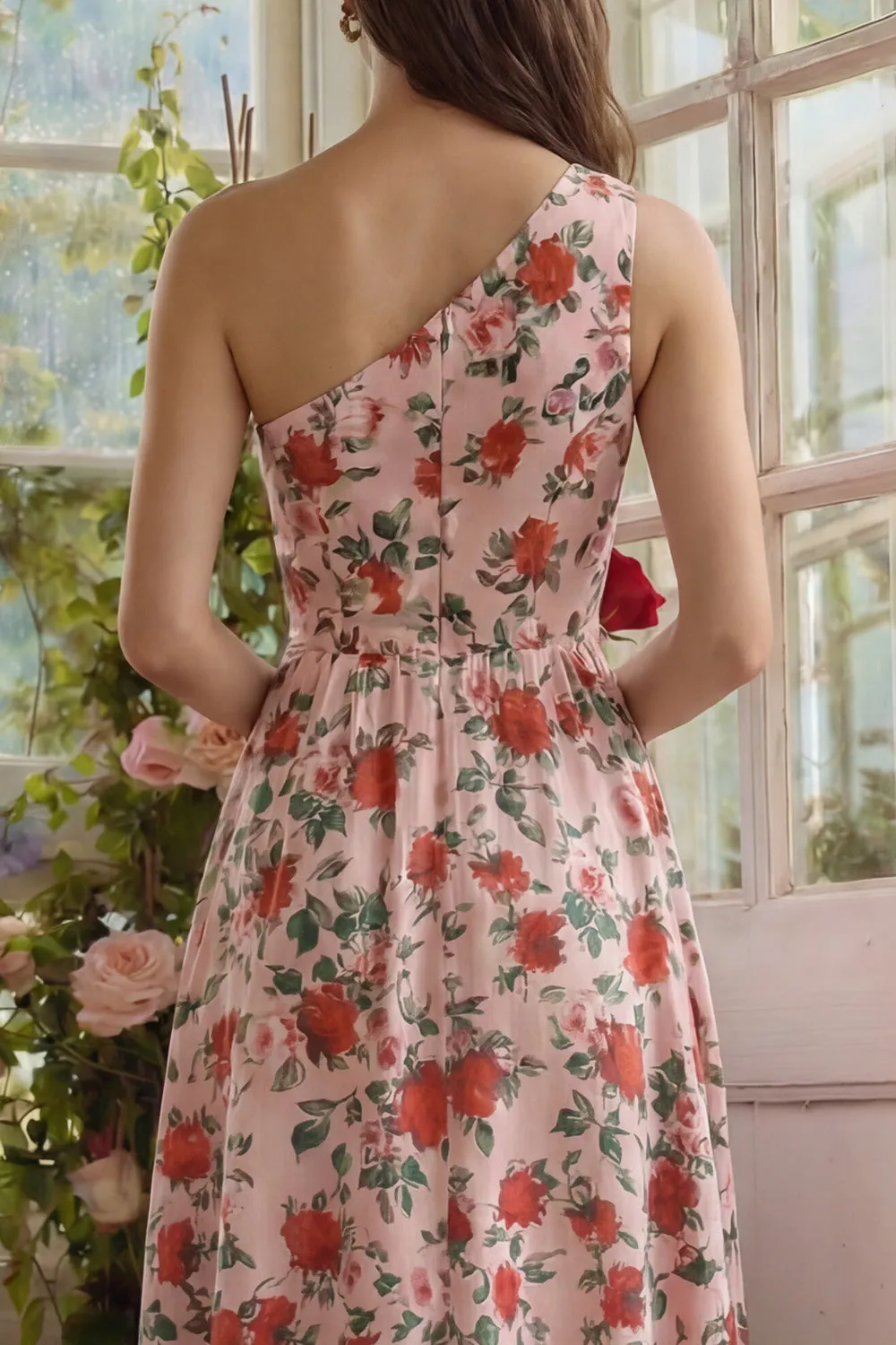 One Shoulder Pink A Line Floral Midi Wedding Guest Dress sold by Wedtrend product image thumbnail 4