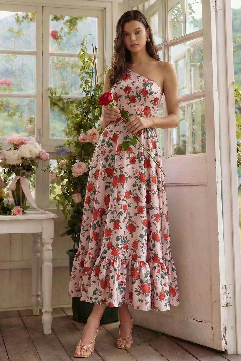 One Shoulder Pink A Line Floral Midi Wedding Guest Dress sold by Wedtrend