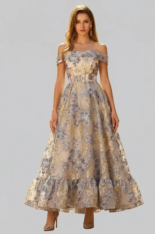 Off the Shoulder Dusty Blue Floral A Line Corset Prom Dress made by Wedtrend