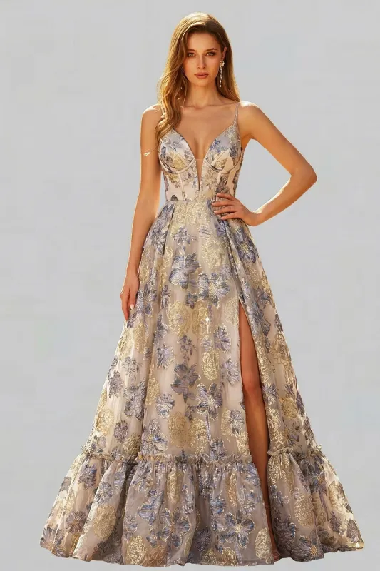 Dusty Blue A Line Floral Spaghetti Straps Long Prom Dress with Slit made by Wedtrend