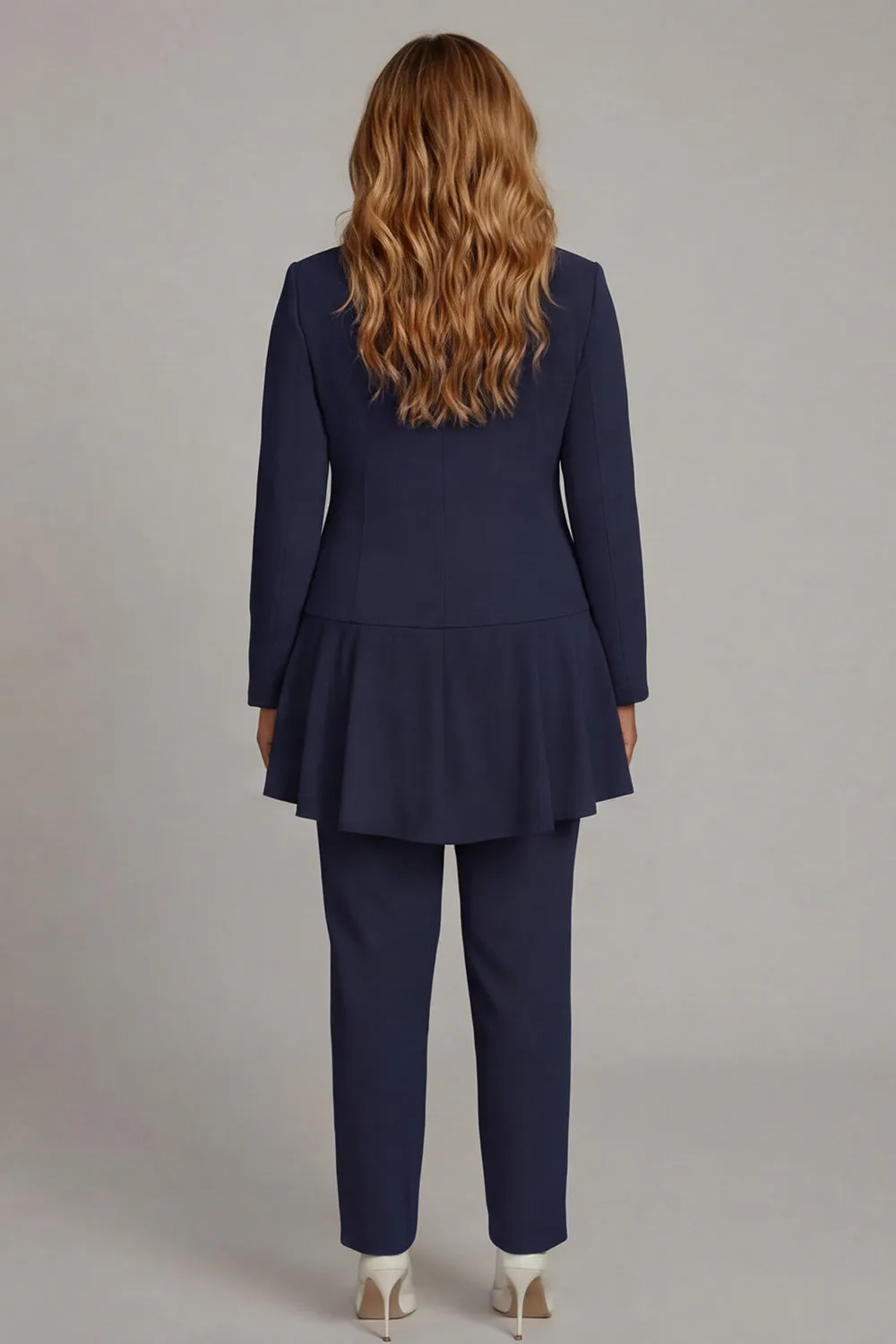 2-Piece Navy Long Sleeve Plus Size Ruffled Mother of the Bride Pant Suits sold by Wedtrend product image thumbnail 2