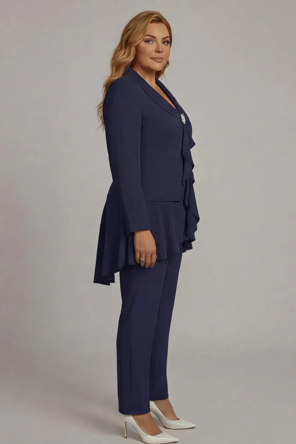 2-Piece Navy Long Sleeve Plus Size Ruffled Mother of the Bride Pant Suits sold by Wedtrend product image thumbnail 3