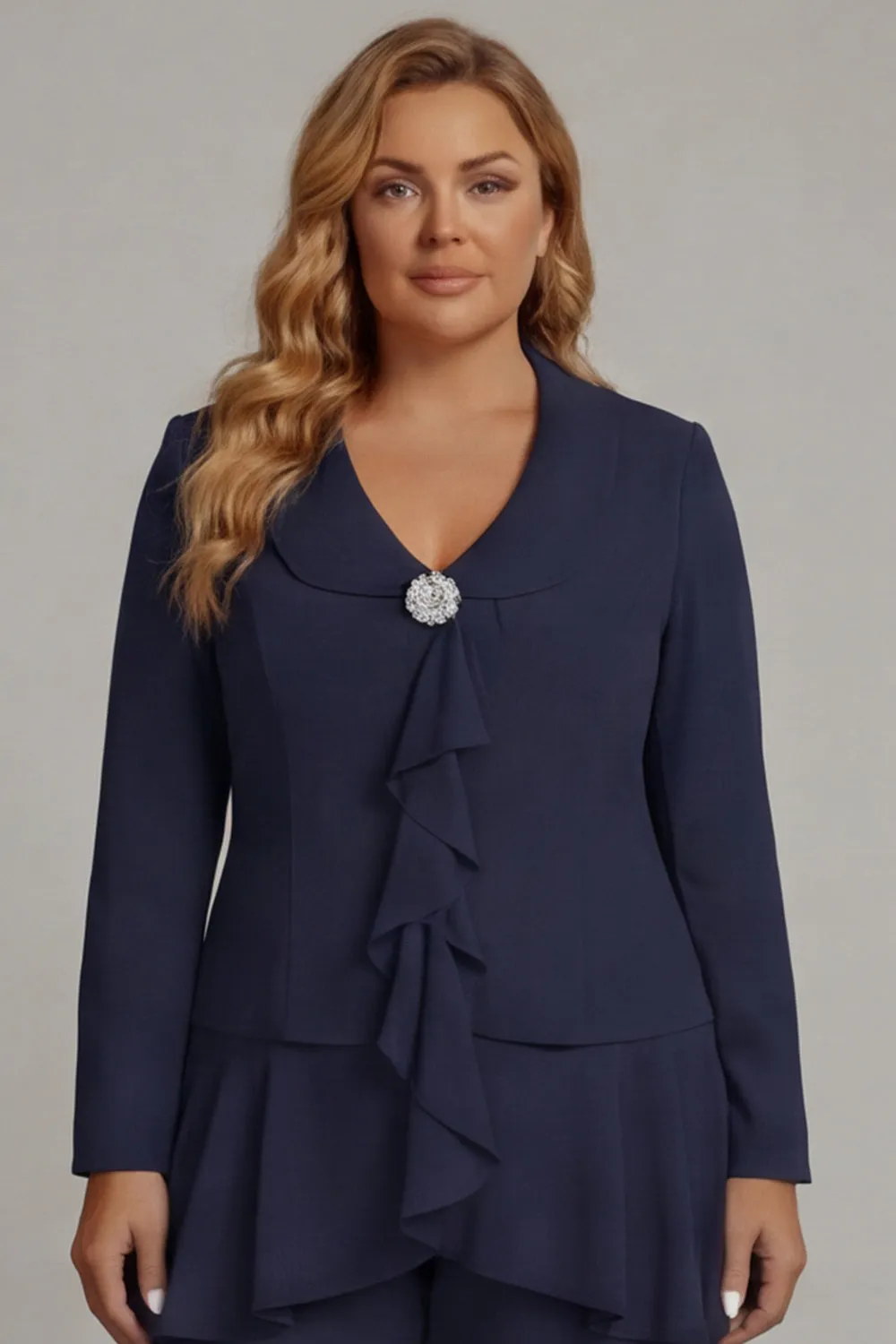 2-Piece Navy Long Sleeve Plus Size Ruffled Mother of the Bride Pant Suits sold by Wedtrend product image thumbnail 4