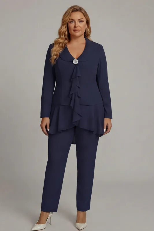 2-Piece Navy Long Sleeve Plus Size Ruffled Mother of the Bride Pant Suits made by Wedtrend