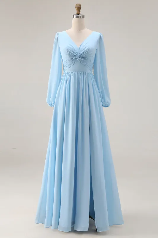 Sky Blue Ruched A Line V Neck Long Sleeve Bridesmaid Dress with Slit sold by Wedtrend