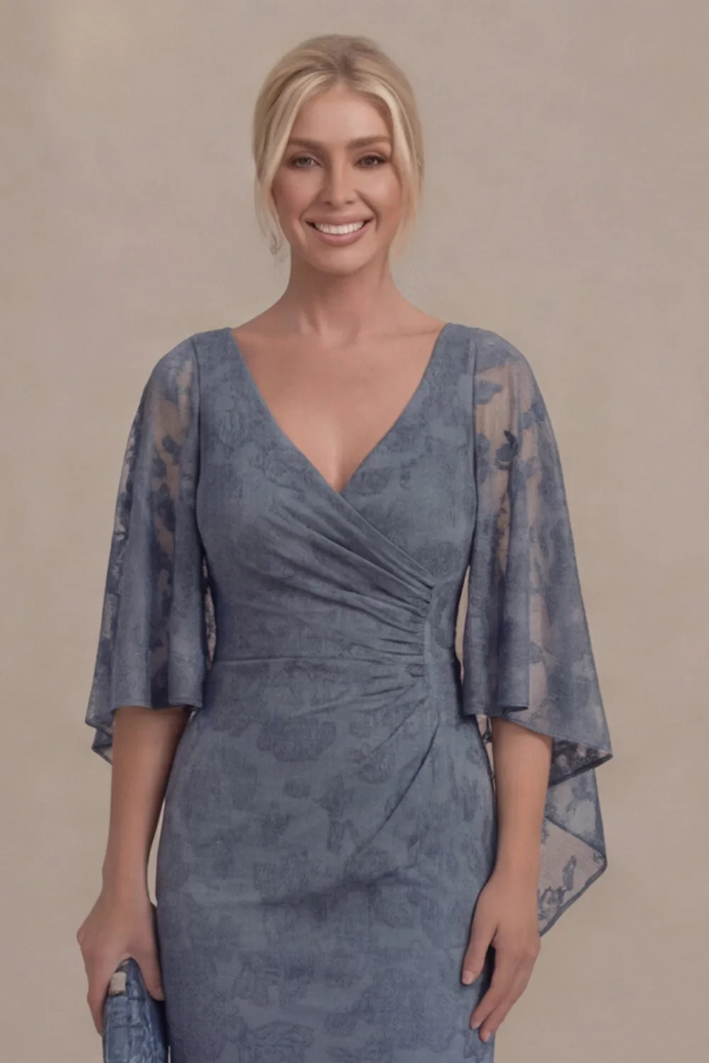 Dusty Blue V Neck Long Mother of the Bride Dress with Cape Sleeves sold by Wedtrend product image thumbnail 4