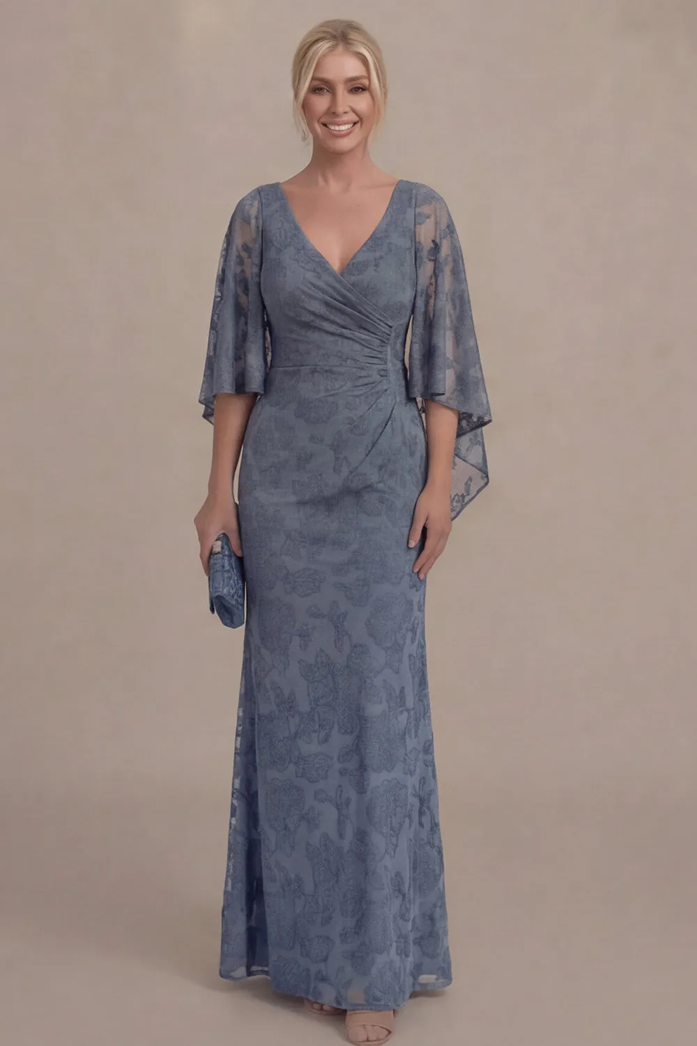 Dusty Blue V Neck Long Mother of the Bride Dress with Cape Sleeves sold by Wedtrend