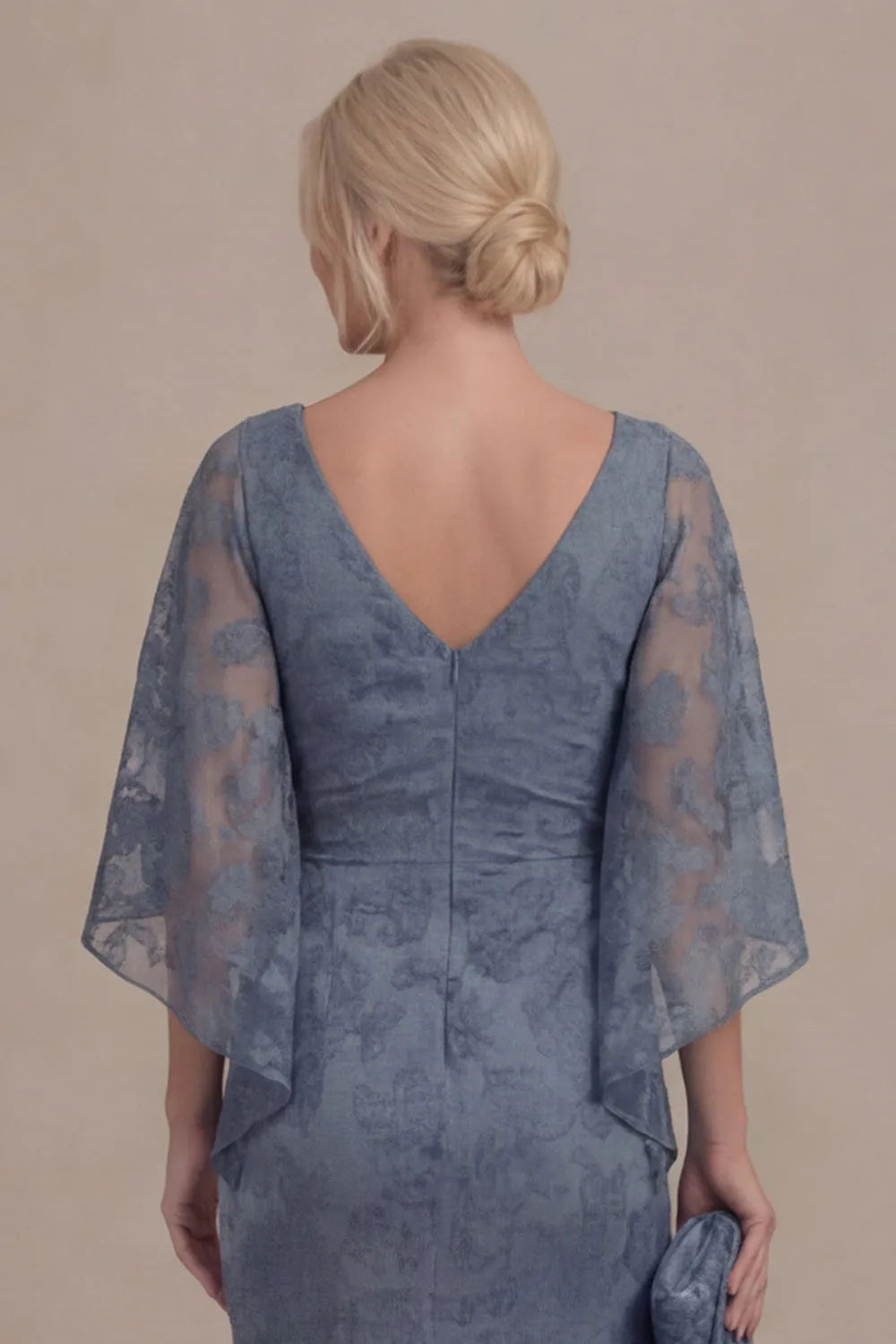 Dusty Blue V Neck Long Mother of the Bride Dress with Cape Sleeves sold by Wedtrend product image thumbnail 5