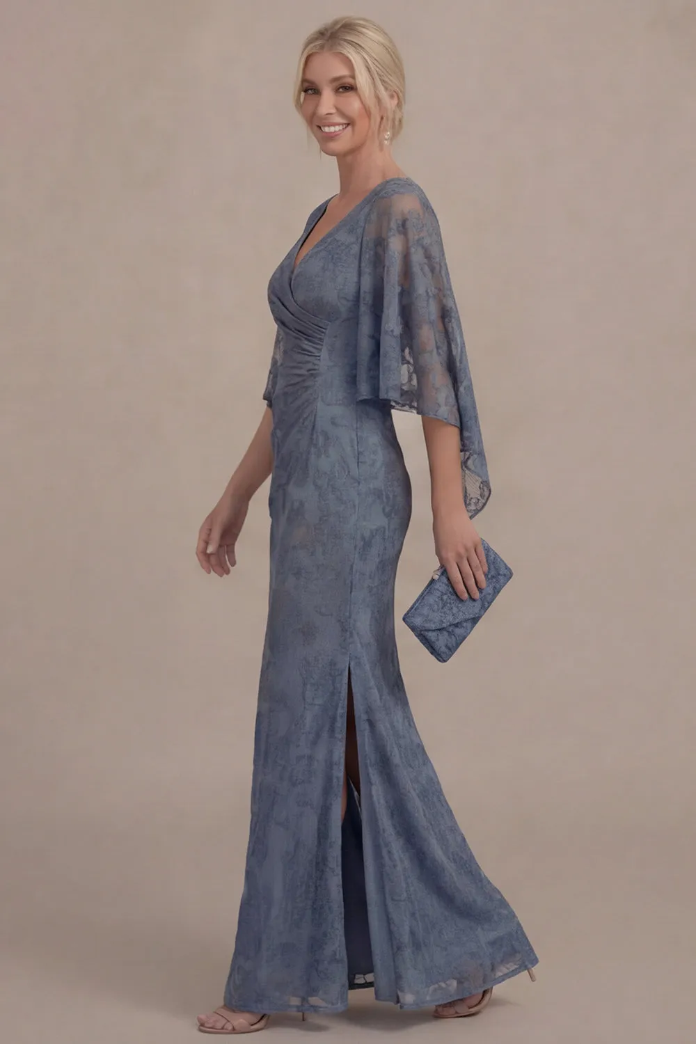 Dusty Blue V Neck Long Mother of the Bride Dress with Cape Sleeves sold by Wedtrend product image thumbnail 3