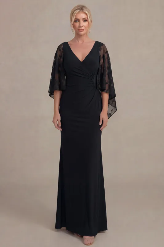 Black Sheath V Neck Long Mother of the Bride Dress with Cape Sleeves made by Wedtrend