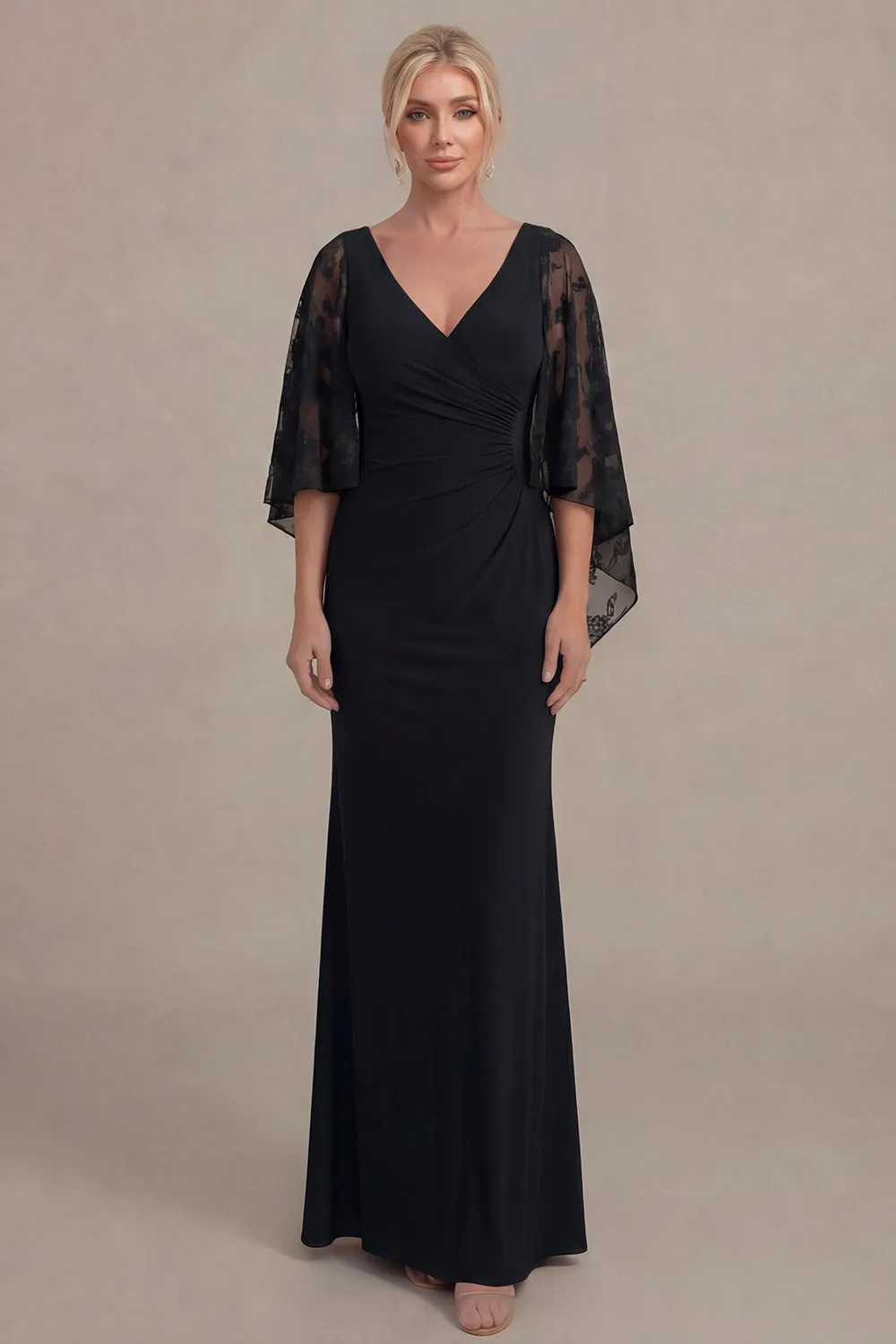 Black Sheath V Neck Long Mother of the Bride Dress with Cape Sleeves sold by Wedtrend