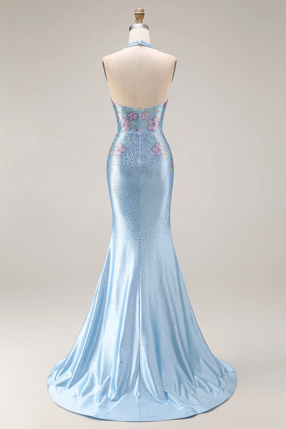Light Blue Beaded Halter Mermaid Satin Long Prom Dress with Slit sold by Wedtrend product image thumbnail 2