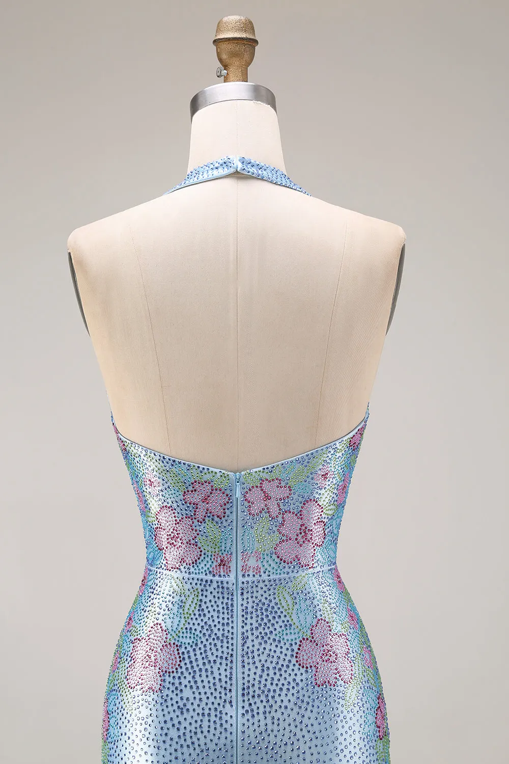 Light Blue Beaded Halter Mermaid Satin Long Prom Dress with Slit sold by Wedtrend product image thumbnail 5