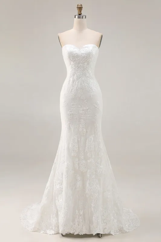 Strapless Ivory Mermaid Lace Long Wedding Dress sold by Wedtrend