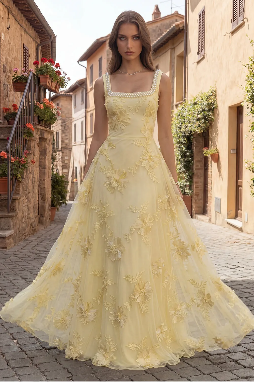 Yellow A Line Embroidered Square Neck Long Prom Dress with Pearls sold by Wedtrend product image thumbnail 3