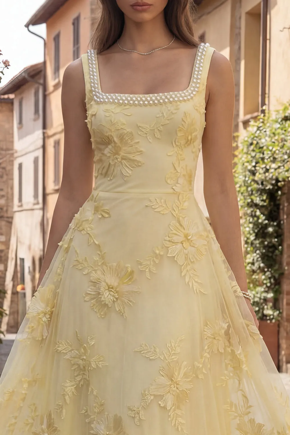 Yellow A Line Embroidered Square Neck Long Prom Dress with Pearls sold by Wedtrend product image thumbnail 4