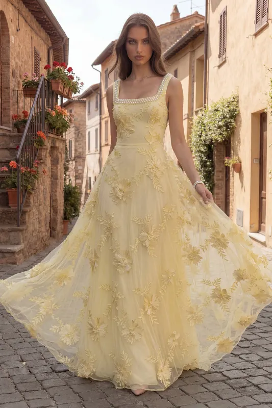 Yellow A Line Embroidered Square Neck Long Prom Dress with Pearls made by Wedtrend