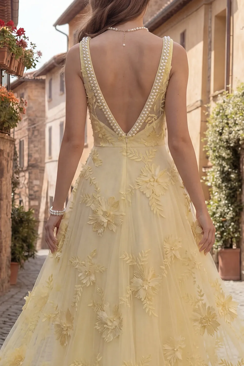 Yellow A Line Embroidered Square Neck Long Prom Dress with Pearls sold by Wedtrend product image thumbnail 5