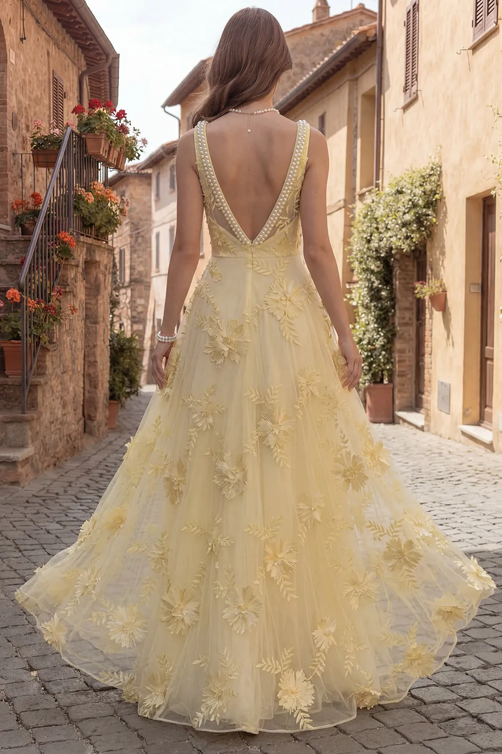 Yellow A Line Embroidered Square Neck Long Prom Dress with Pearls sold by Wedtrend product image thumbnail 2