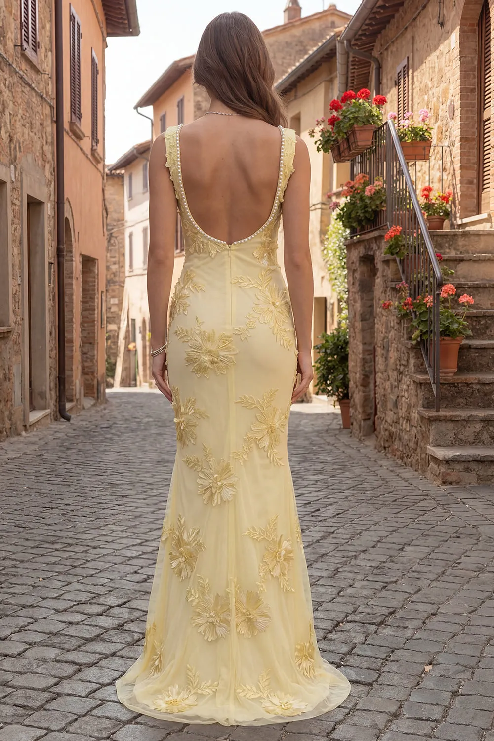 Mermaid Embroidered Yellow Square Neck Long Prom Dress with Pearls sold by Wedtrend product image thumbnail 2
