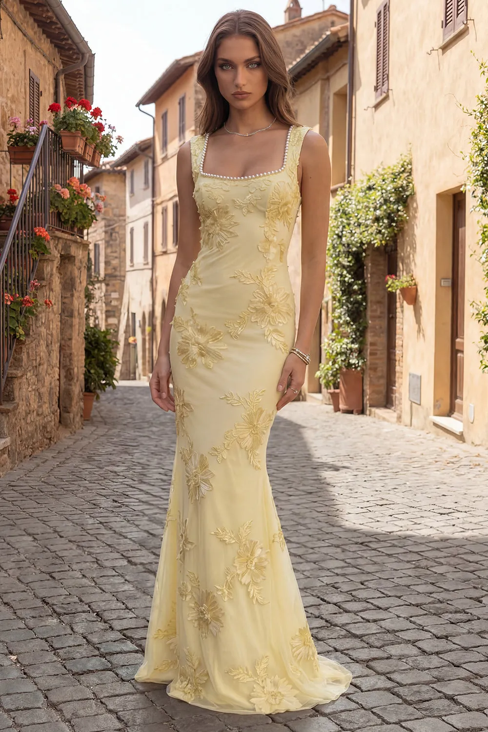 Mermaid Embroidered Yellow Square Neck Long Prom Dress with Pearls sold by Wedtrend