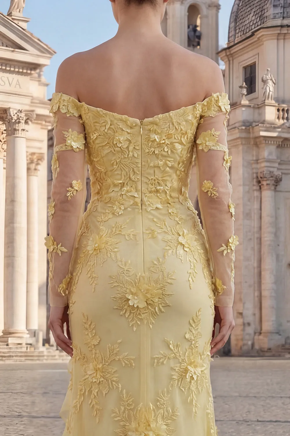 Off the Shoulder Sheath Ruffle Yellow Embroidered Prom Dress with Slit sold by Wedtrend product image thumbnail 4