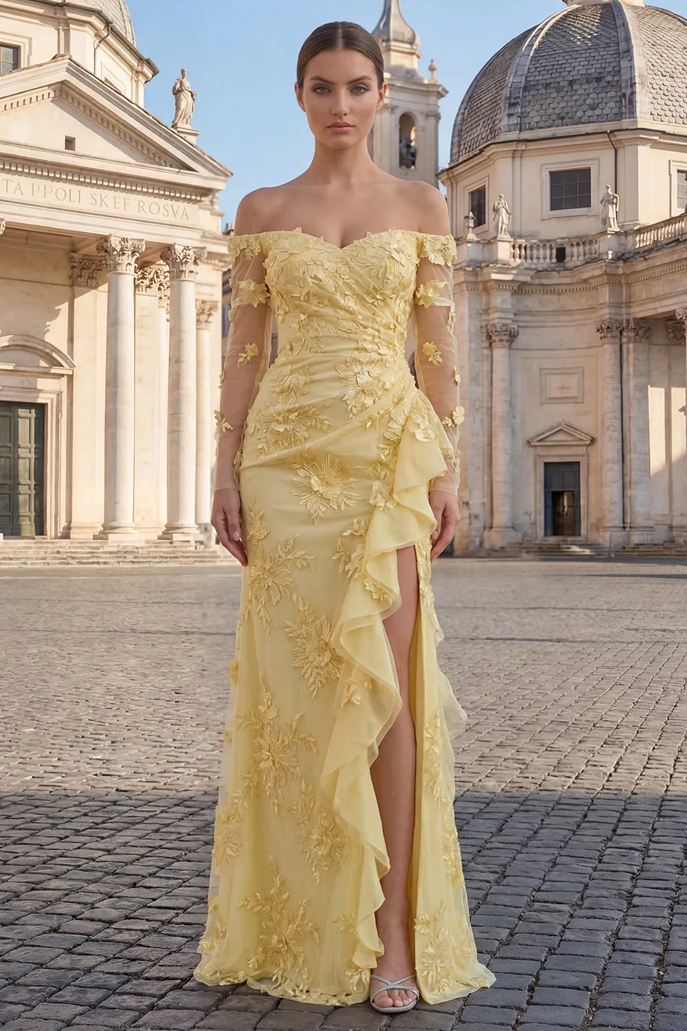 Off the Shoulder Sheath Ruffle Yellow Embroidered Prom Dress with Slit sold by Wedtrend