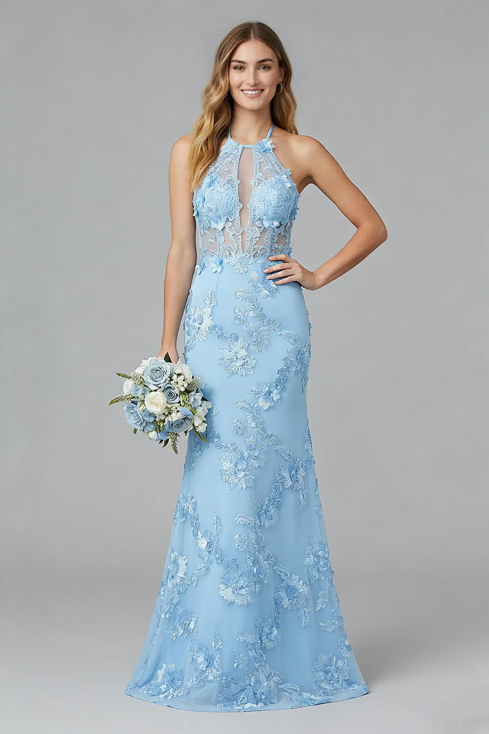 Halter Light Blue Mermaid Backless Cut Out Long Bridesmaid Dress with Appliques sold by Wedtrend