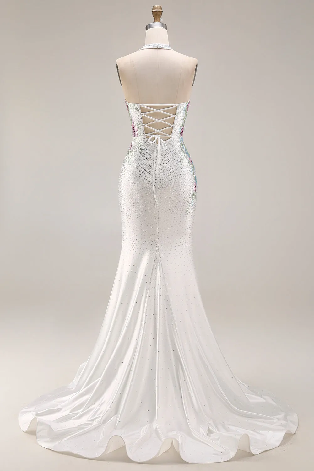 Halter Beaded White Satin Mermaid Long Prom Dress sold by Wedtrend product image thumbnail 2