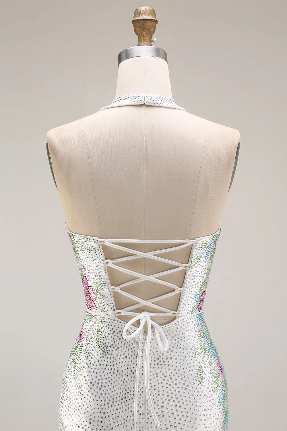 Halter Beaded White Satin Mermaid Long Prom Dress sold by Wedtrend product image thumbnail 5