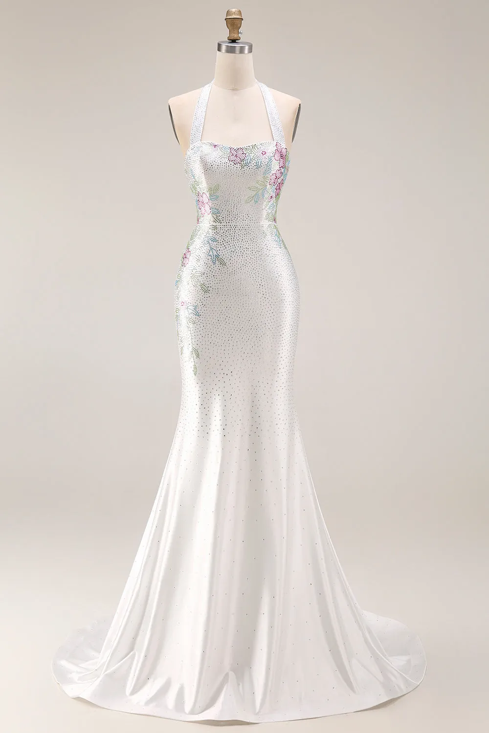 Halter Beaded White Satin Mermaid Long Prom Dress sold by Wedtrend