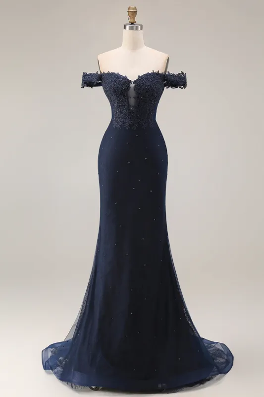 Off the Shoulder Navy Mermaid Applique Long Prom Dress sold by Wedtrend