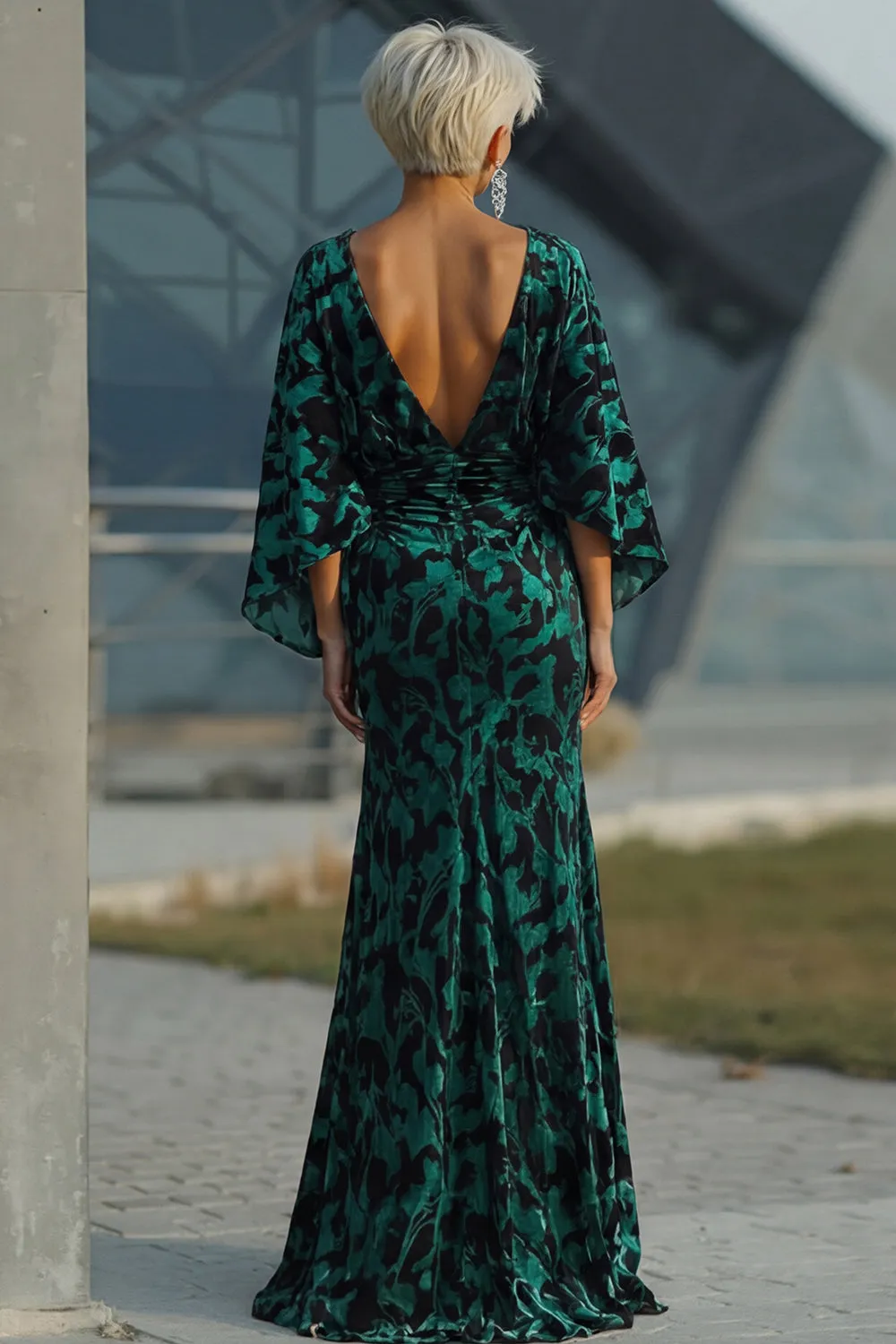 Peacock Blue Velvet Burnout Sheath Maxi Mother of the Bride Dress with Cape Sleeves sold by Wedtrend product image thumbnail 2